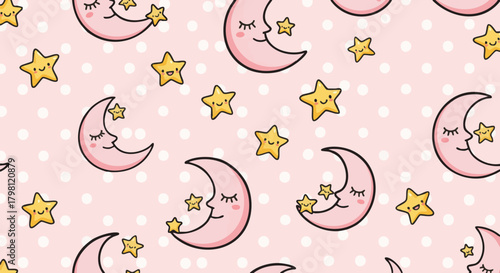 Cute cartoon moon and stars seamless pattern on a pink background. Ideal for baby and nursery designs, wallpapers, fabrics, and wrapping paper