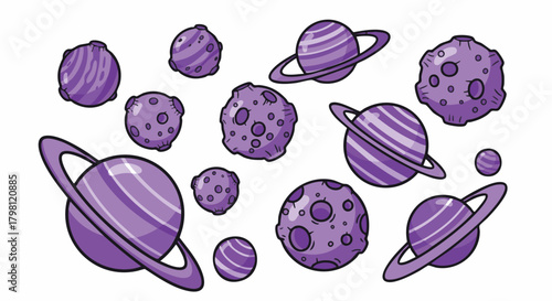 Cute cartoon purple planets and asteroids scattered across a white background, ideal for fun space-themed designs, astronomy education, or children's illustrations