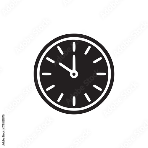 A minimalist black clock icon showing the time with a white background in a simple design style