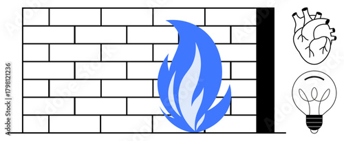 A blue flame against a brick wall joined by a heart and light bulb. Ideal for resilience, passion, innovation, balance, creativity, barriers, determination. Simple flat metaphor
