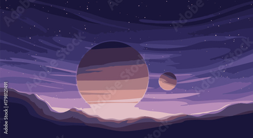 Digital illustration of a vibrant and surreal space landscape. Two planets, mountains, and a starry sky are depicted in shades of purple and blue