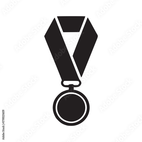 A minimalist black and white illustration of a medal hanging from a ribbon on a white background