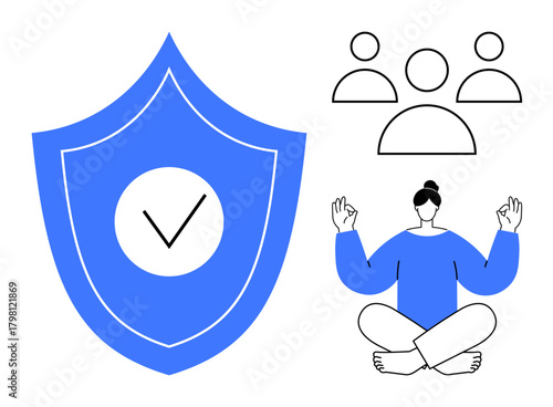 Blue shield with checkmark, person meditating in lotus position, group of three people outline. Ideal for health, mindfulness, security, team-building, collaboration safety self-care. Simple flat