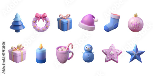 A pastel 3D set of winter and Christmas elements including a tree, wreath, presents, hat, sock, bauble, candle, cocoa mug, snowmen, stars, and decorations. Soft and cozy isolated icons in pink, blue.