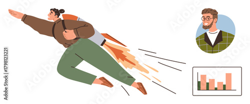Person wearing a rocket backpack flying confidently side elements include a bar chart and a round profile portrait. Ideal for business growth, innovation, success, motivation, leadership