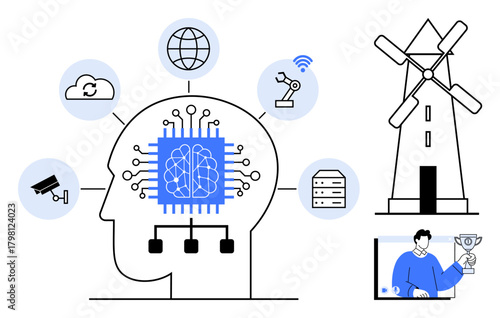 AI brain with neural circuits surrounded by cloud computing, robotics, windmill, surveillance, server storage, and digital communication. Ideal for technology, innovation, AI automation data