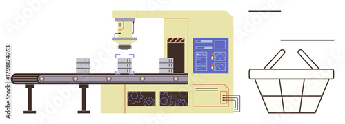 Robotic machine processing items on conveyor belt toward a basket, showcasing automation and efficiency. Ideal for manufacturing, innovation, automation, production, industry, robotics, technology