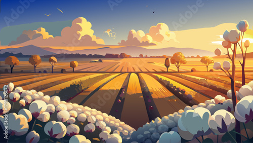 Very beautiful cotton field bathed in warm sunset light, featuring rows of fluffy white cotton bolls, golden sky, and a serene rural landscape, capturing the peaceful charm of agricultural scenery.