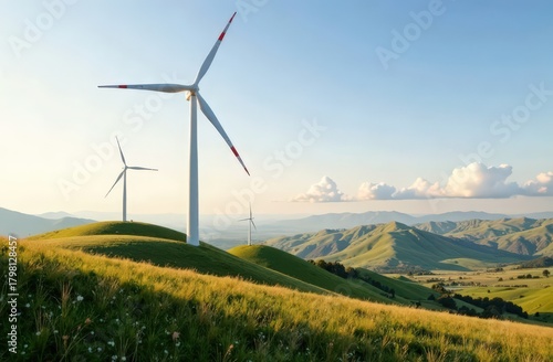 Landscape with wind turbines. Renewable energy. Green energy electricity. High quality photo