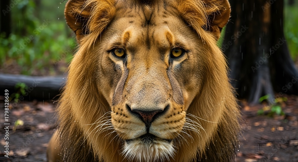 Naklejka premium Majestic Lion in Rainy Forest Close-Up