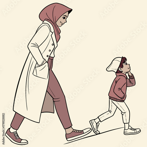 Woman in hijab and long coat walking with child in hoodie and cap on a light background illustration