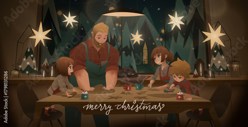 Happy Christmas Kitchen Scene with a White Family Baking Gingerbread Cookies Together, Warm Lights, Snowy Winter Evening Outside and Joyful Holiday Atmosphere in Cozy Cartoon Vector Illustration