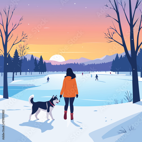 Winter Evening Landscape Vector Illustration: Woman in Orange Jacket Walking with Husky Dog on Frozen Lake at Sunset.