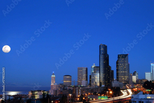 Seattle at Moonset in Early Morning