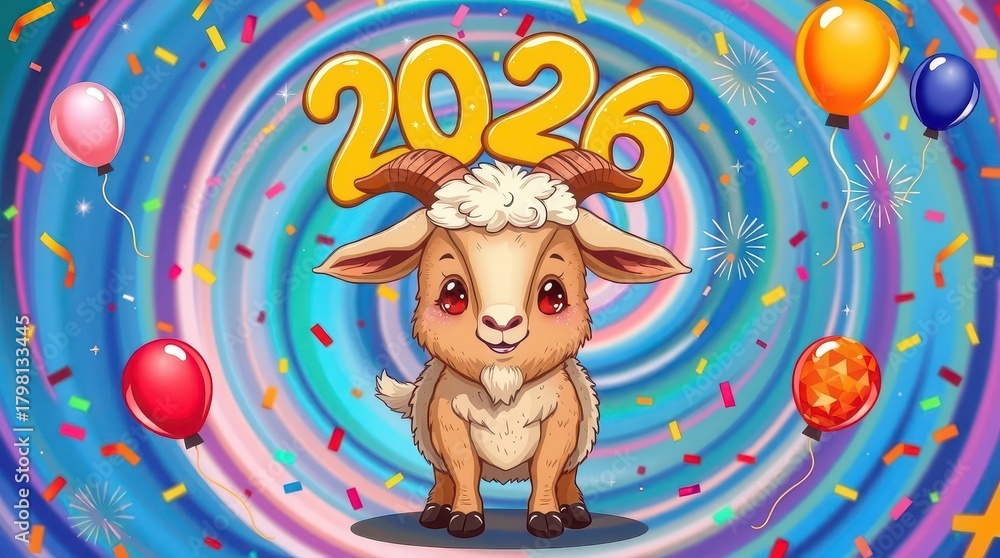 Fototapeta premium New Year 2026 goat neon paint holiday balloons
