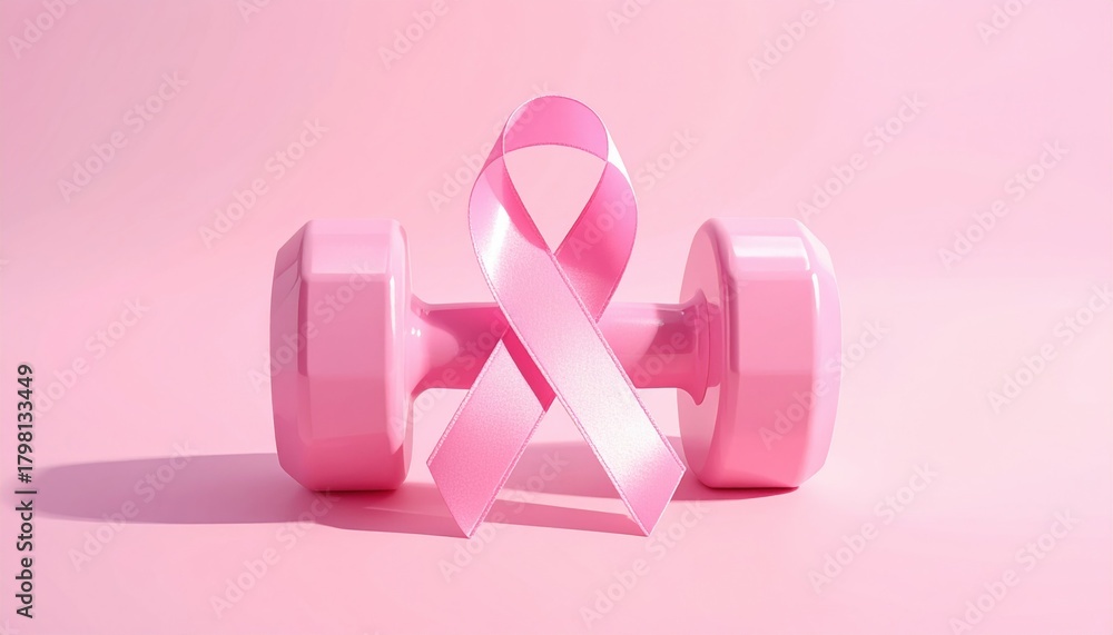 Obraz premium Pink dumbbell with breast cancer awareness ribbon symbolizing strength health fitness and solidarity in October awareness campaign