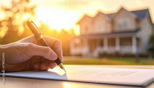 Signing a real estate agreement at sunset symbolizes new beginnings, homeownership dreams, and life-changing decisions made with hope and confidence in the golden light