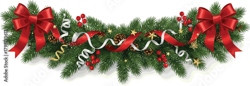 Festive Christmas Garland with Red Bows and Decorations