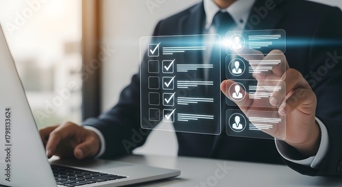 Businessman interacting with a digital checklist and user profile interface