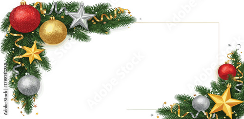 Festive Christmas Corner Decoration with Ornaments and Pine Needles, Ideal for Greeting Cards and Festive Designs
