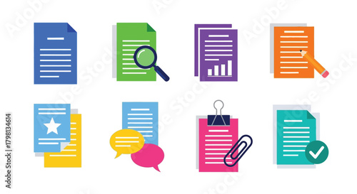 Documents reports and office supplies illustrated in a colorful flat design