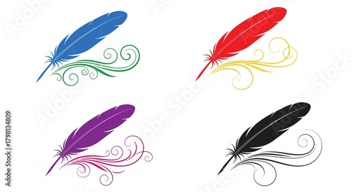 Colorful feather illustrations with decorative swirls and elegant writing elements