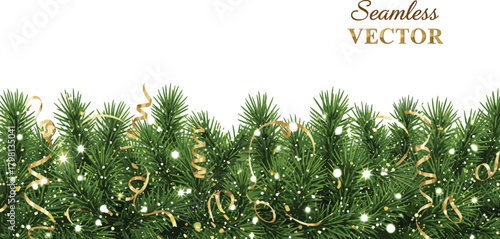 Festive Christmas Border Spruce Branches with Golden Ribbons and Delicate Snowflakes for Holiday Decor