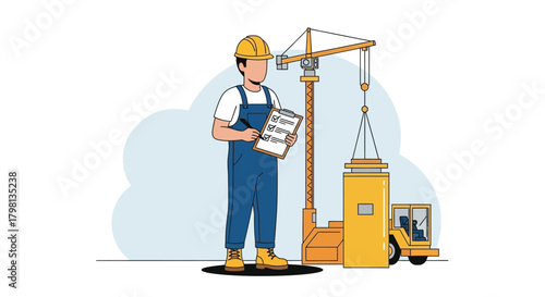 Construction worker inspecting building site with a crane in the background