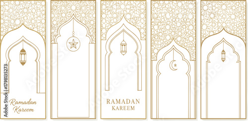 Elegant Ramadan Kareem banners featuring Islamic architectural motifs and decorative lanterns, perfect for festive greetings and designs