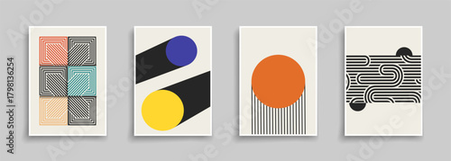 Collection of fashion art covers, templates, backgrounds, placards, brochures, banners, flyers. Creative striped posters with color shapes and stylish print