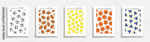 Collection of vector posters, brochures, cards with sports balls - basketball, volleyball, tennis, soccer and American football. Artwork sport games covers, prints, patterns for your design and ideas