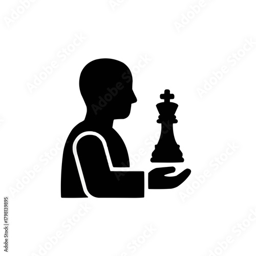 Strategic leadership concept showcasing a person holding a chess king piece, symbolizing business strategy, leadership, and smart decisions, powerful icon style