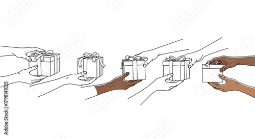 Diverse hands giving and receiving gift boxes in a mixed media illustration.