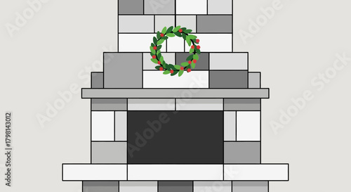 Illustrated grey stone fireplace with a festive Christmas wreath decoration.