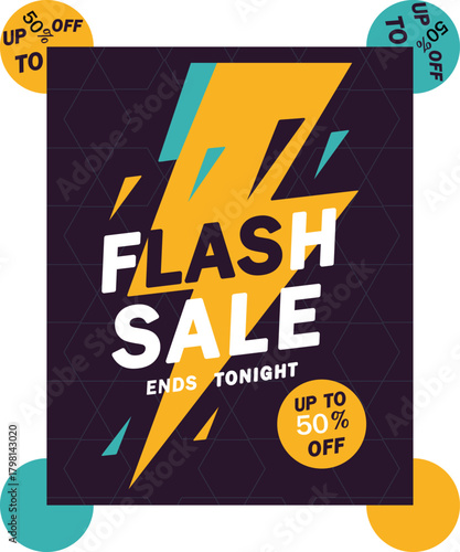 Flash sale banner design with lightning bolt icon announcing big limited time discount up to fifty percent off