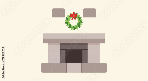 Illustrated stone fireplace decorated with a festive Christmas wreath.