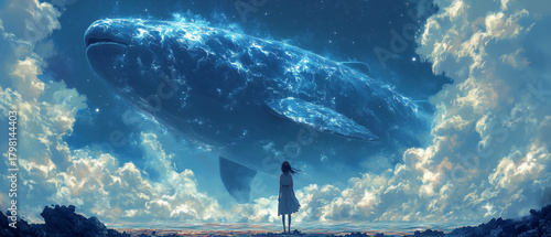 Giant luminous whale surfaces in a dreamy sky above a girl standing on the shore at dusk ai, whale, girl, shore, sky, clouds, luminous, ocean, dusk, fantasy, nature, stars, blue, dress, tranquility, a