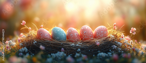 Brightly colored Easter eggs arranged in a nest surrounded by flowers during the spring season in a sunlit garden ai, easter, eggs, nest, spring, flowers, garden, sunlight, colorful, pastel, holiday, 