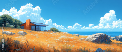 Stunning coastal home amidst golden grass and vibrant blue skies in a serene landscape ai, coastal, home, golden, grass, blue, sky, ocean, view, modern, architecture, tranquil, landscape, sustainable,