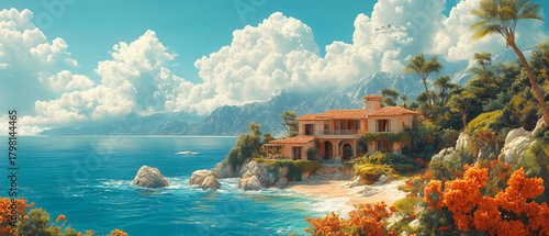 Coastal villa overlooking a tranquil bay with lush landscapes and vibrant foliage ai, coastal, villa, serene, bay, architecture, tranquil, waters, flora, sunset, sky, distant, mountains, nature, beaut