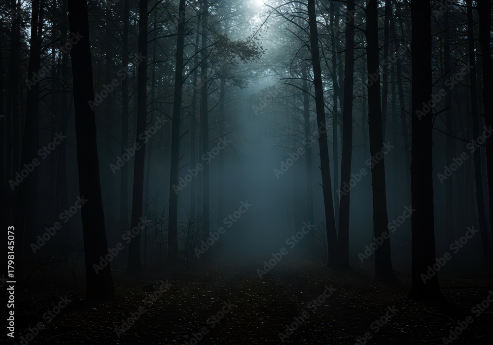 Fototapeta premium Eerie dark forest illuminated by mysterious moonlight and dense fog, creating a frightening and atmospheric backdrop for horror themes, haunted, spooky, evil