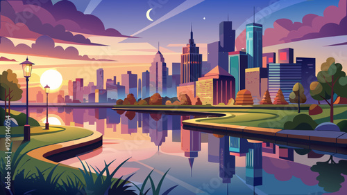 Very beautiful view of J. Owen Grundy Park in New Jersey at dusk, featuring calm waterfront reflections and the iconic Manhattan skyline illuminated in the background under a soft evening sky.