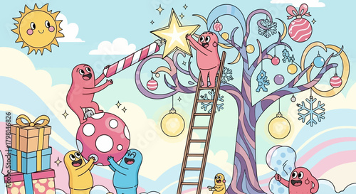 Whimsical cartoon monsters happily decorating a festive holiday tree together.