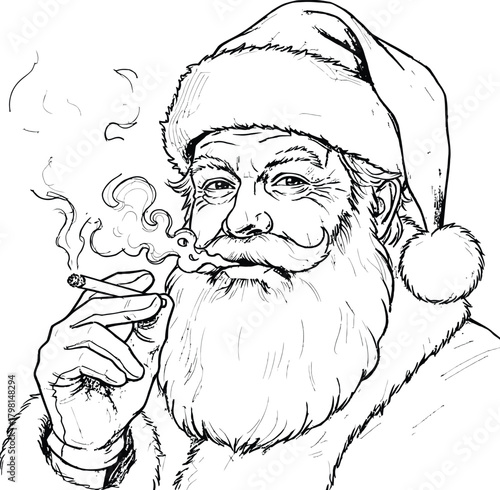 A classic portrait of Santa Claus with a long beard holding a lit cigarette and exhaling smoke