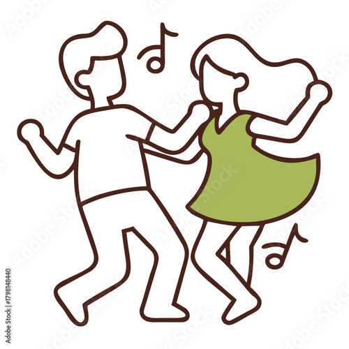A delightful cartoon illustration showcases a couple joyfully dancing, their movements synchronized to the rhythm of the music, the scene exudes happiness and energy