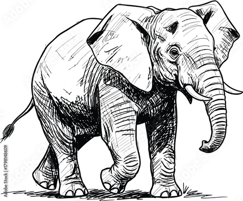 A walking elephant illustration in a traditional hand drawn sketch style with textured shading