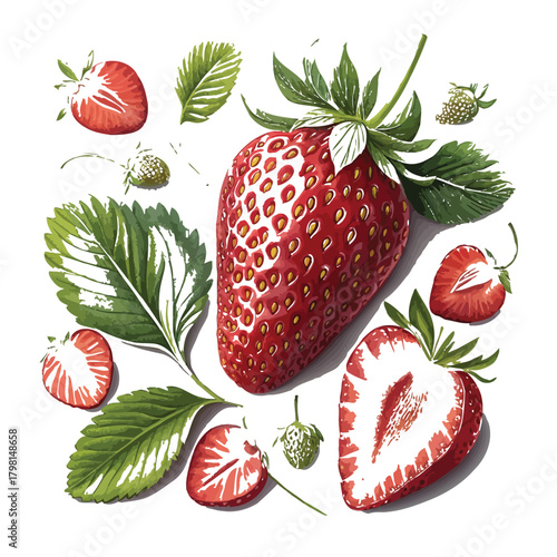 A vibrant watercolor painting showcases a collection of fresh strawberries and leaves, capturing the essence of summer and the sweetness of nature