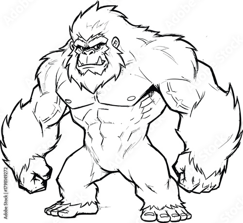 Cartoon gorilla character with an intensely muscular physique standing upright in a powerful pose