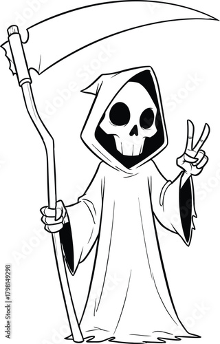Cartoon grim reaper character holding a large scythe while making a peace sign with his hand