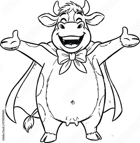 Cheerful cartoon cow character wearing a cape and bow tie with open arms